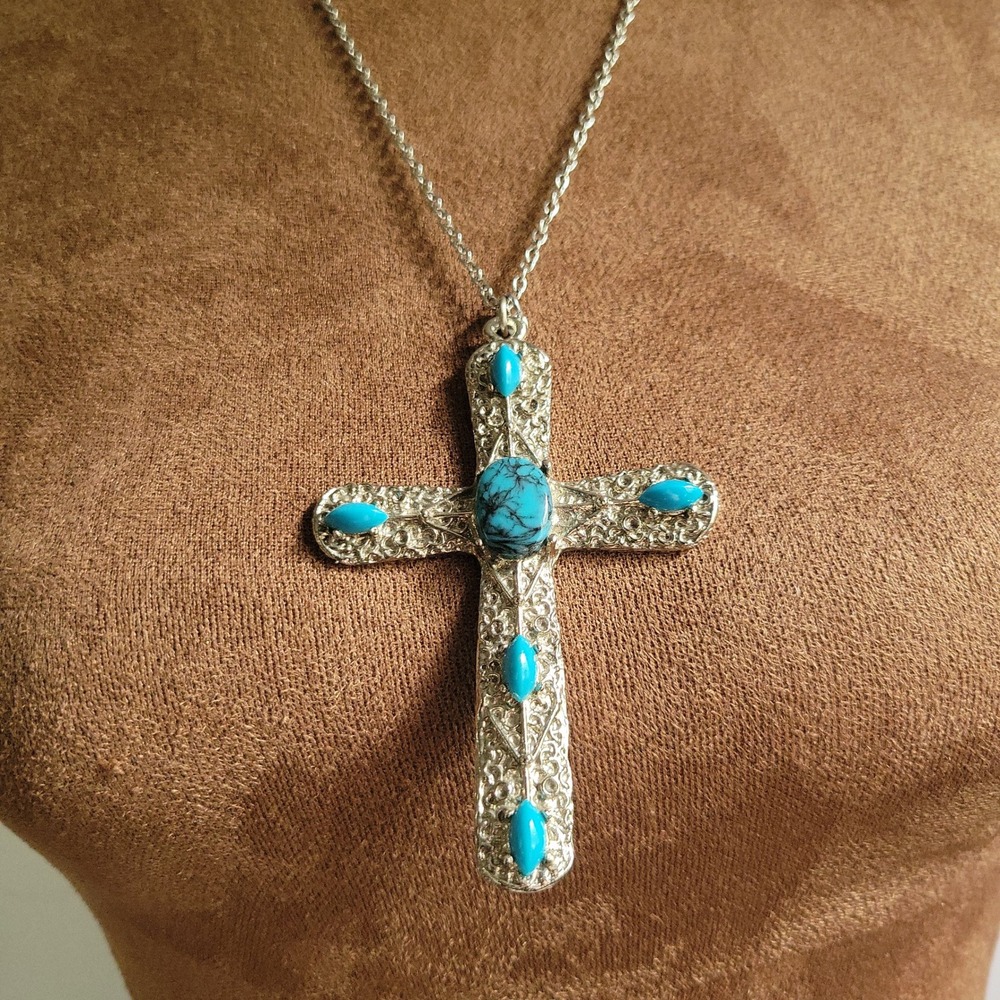 Vintage Silver Faux Turquoise Filigree Large Cross Pendant‎ Necklace 22" Western